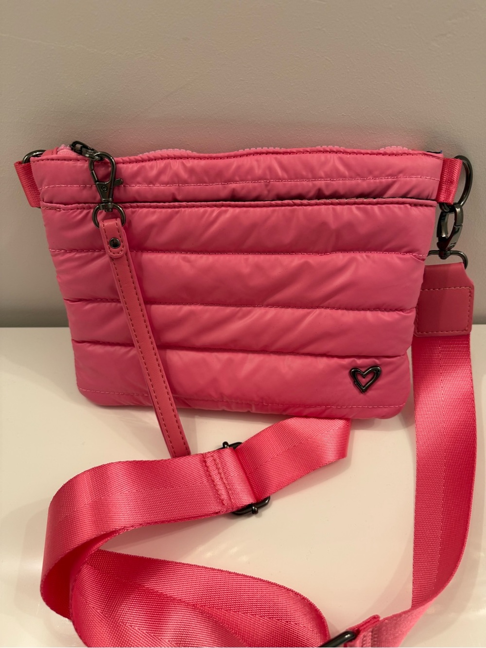 Compact Pink Quilted Crossbody Bag with signature Heart